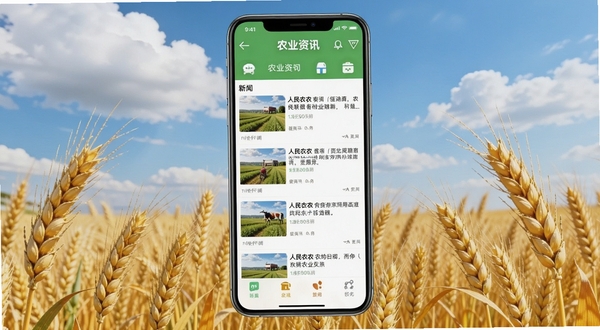 人民三农 农业资讯 手机应用界面 展示首页新闻列表与功能图标 背景为金色麦田与蓝天白云 主体位于画面中央 适配Boogu模型生成
