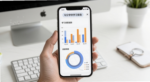 勾分学伴学习报告页面,画面中心为手机屏幕显示柱状图与环形图,背景为简约办公桌面,图表颜色以蓝色和橙色区分,突出数据可视化与学习进度追踪
