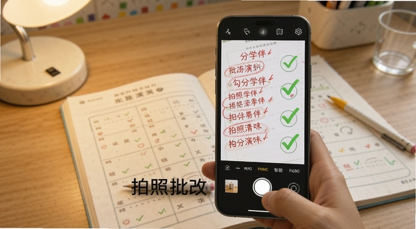 勾分学伴拍照批改功能演示图,画面主体为手机摄像头对准作业本,屏幕上显示红色批改标记与绿色对勾,背景为书桌场景,光线柔和,突出智能识别与即时反馈的科技感