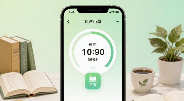 专注小屋应用主界面在手机屏幕上居中展示,背景为淡雅浅绿色渐变,画面中心显示专注计时圆环与自律打卡图标,周围环绕书本、咖啡杯与绿植元素,整体风格清新简约,适配Boogu模型生成