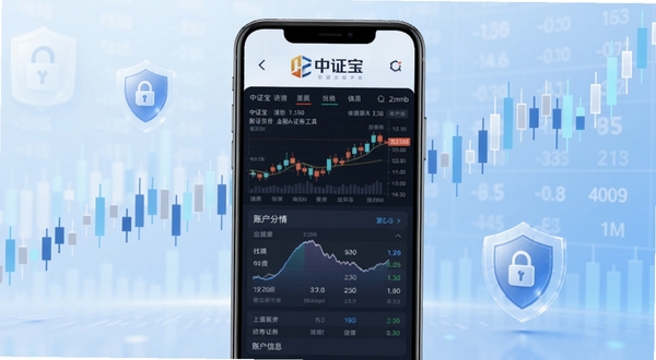 中证宝金融证券工具主界面展示,画面中央为手机屏幕,屏幕上显示证券行情与账户信息图表,背景为浅蓝色渐变金融数据氛围,四周点缀抽象K线元素与盾牌安全图标,整体风格简洁商务,中证宝品牌标识位于屏幕顶部,画面比例为16:9
