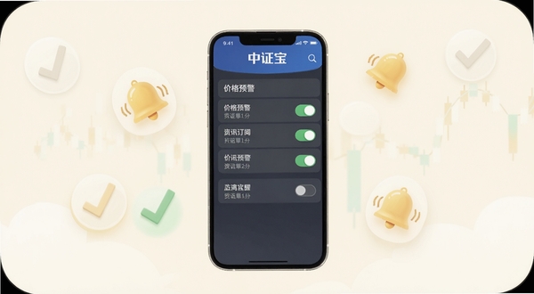 中证宝个性化提醒设置界面,手机屏幕展示价格预警与资讯订阅开关列表,背景为柔和的米白色调,画面中漂浮着铃铛与对勾图标,中证宝软件名称出现在界面标题栏,整体风格清晰易读