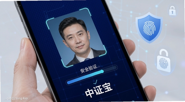 中证宝身份核验功能界面,手机屏幕特写展示人脸识别框与安全验证进度条,背景为深蓝色科技感网格纹理,画面右侧有盾牌与指纹解锁图标,中证宝软件名称显示在屏幕下方,整体突出安全与便捷主题