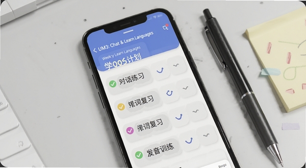 UM3: Chat & Learn Languages ѧϰ�ƻ�ҳ�棬�ֻ���Ļ��ʾһ��ѧϰ�����б��������Ի���ϰ�����ʸ�ϰ������ѵ������Ŀ��ÿ��ǰ���в�ɫԲ�������״̬������Ϊǳ��ɫ���棬�Ա߷���һ֧�ʺͱ�ǩֽ������࣬����Booguģ������