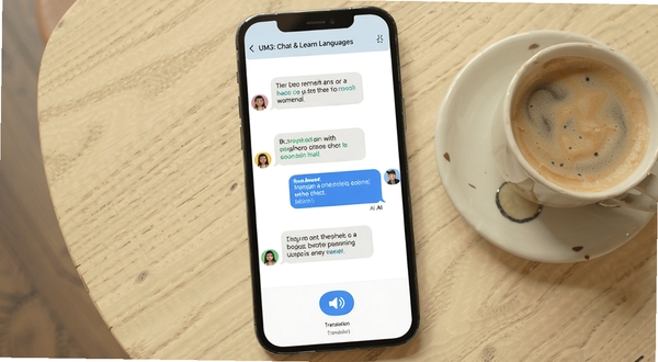 UM3: Chat & Learn Languages �Ի���ϰ���棬�ֻ���Ļ��ʾһ��Ӣ���ͶԻ����û�������AI������ݽ������У��·��з�����ť�ͷ���С�֣�����Ϊǳɫľ�����棬�Ա߷���һ�����ȣ���Χ���ɣ��ʺ�Booguģ������