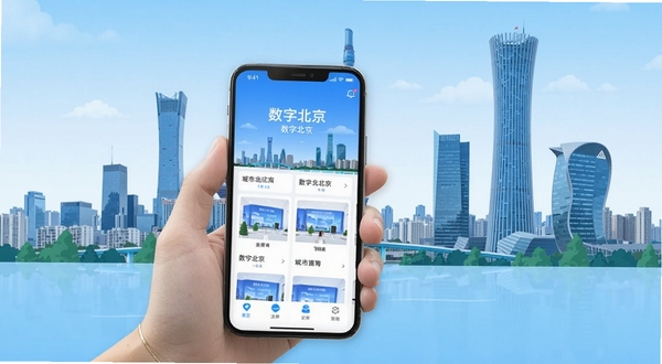 数字北京 城市生活服务类手机应用界面展示 主体为一只手握持智能手机 屏幕显示数字北京应用首页 背景为北京城市天际线与现代建筑群 明亮清新的扁平化UI风格 蓝白主色调 画面简洁大气 适合软件下载站配图