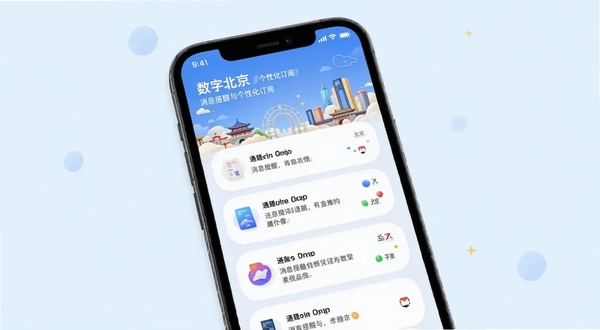 数字北京 消息提醒与个性化订阅界面 手机屏幕展示通知列表 带有北京城市元素装饰 柔和圆角卡片设计 清新浅色背景
