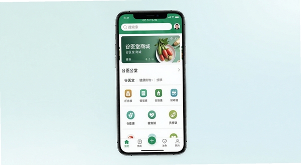 ��ҽ���̳��ֻ�Ӧ���������ͼ����������չʾ�ֻ���Ļ����Ļ��Ϊ��ҽ���̳�APP��ҳ���Ϸ�����������ֲ�ͼ���в�Ϊ����ͼ�������ײ�Ϊ������������Ϊǳɫ���䣬���������¼�࣬ͻ��������������