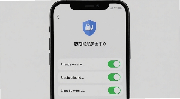 恋刻隐私保护设置页面,手机屏幕显示盾牌图标与多项隐私开关按钮,开关呈绿色开启状态,背景为浅灰色极简风格,画面中央有恋刻安全中心字样
