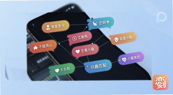 恋刻兴趣匹配界面,手机屏幕中央显示多个彩色兴趣标签气泡,气泡之间用细线连接,背景为淡蓝色渐变,画面右下角有恋刻应用图标,整体风格科技感与温馨感结合