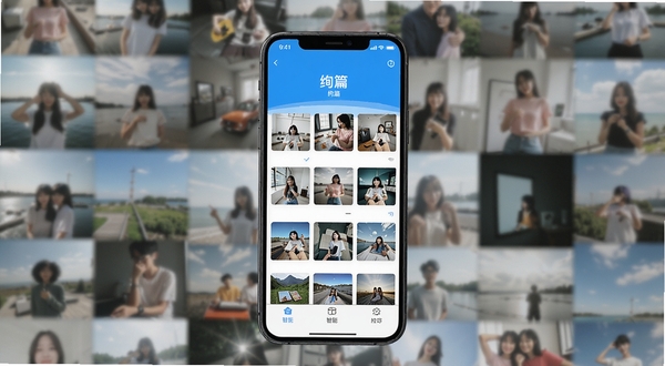 绚篇 软件主界面 手机相册智能分类 清新蓝色调 居中构图 背景为虚化的照片网格 展现智能相册管理概念