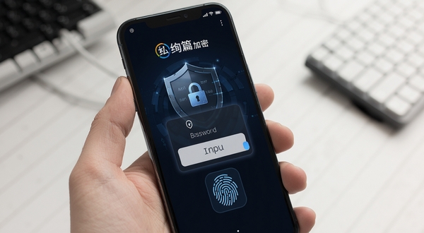 绚篇 私密相册加密界面 手机展示密码输入框与指纹图标 背景为深色安全主题 突出隐私保护