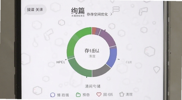 绚篇 存储空间优化界面 手机屏幕显示存储占用环形图与清理建议列表 背景为白色简约风格
