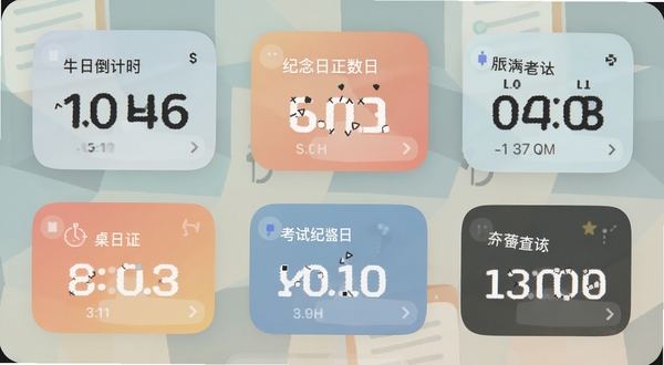 纪念计时桌面小组件功能展示,手机桌面排列着不同尺寸的小组件,分别显示生日倒计时、纪念日正数日、考试倒计时等内容,背景为简约几何图案桌面壁纸,整体色调柔和,突出小组件与桌面的融合效果