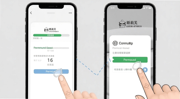娇莉芙安装步骤示意图,手机屏幕显示安装进度条与权限设置页面,旁边有手指点击操作的示意,背景为纯色浅灰,画面简洁明了,适合教程配图