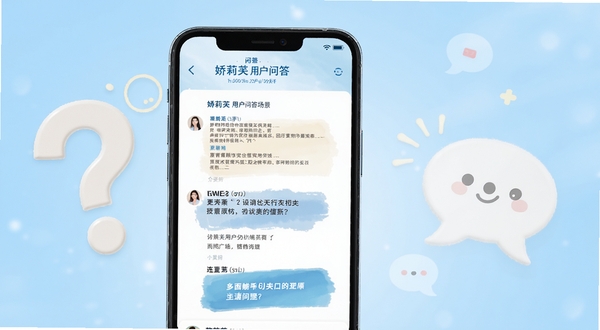 娇莉芙用户问答场景图,手机屏幕显示问答界面,旁边有问号和对话气泡的装饰元素,背景为浅蓝色渐变,风格亲切友好