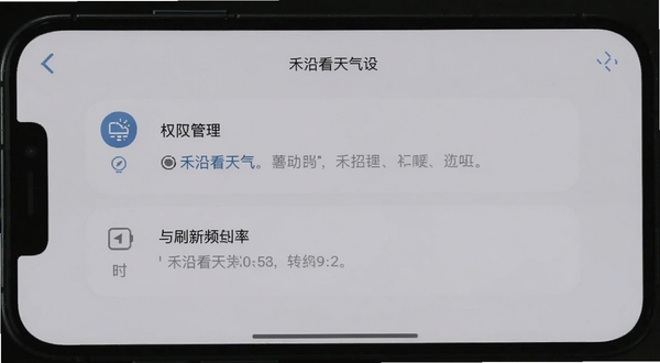 禾沿看天气 设置界面截图 展示权限管理与刷新频率选项 手机屏幕侧视图 背景为浅灰色 突出设置图标与文字说明