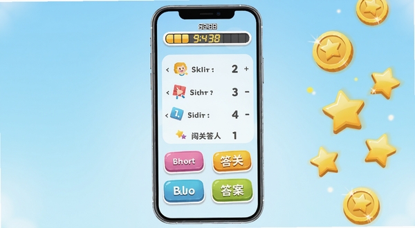 闯关答人游戏界面中,手机屏幕竖屏展示,中央是一道四选一选择题,上方有倒计时进度条,下方有四个彩色答案按钮,背景是淡蓝色渐变,画面右侧漂浮金币和星星奖励图标,整体风格轻松明快