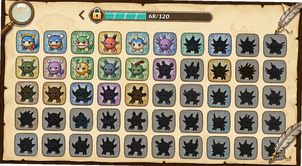 Batomon Showdown �����ռ�ͼ�����棬����չʾ��ʮֻ��ͬ���ԵĿ�ͨ����ͼ�������������У�����ͼ����ʾ�ѽ�����ɫ״̬��������ʾ��ɫδ������Ӱ�����涥�����ռ���������ʾ 68/120������Ϊ��Ƥֽ����ͼ��ҳ�棬�����зŴ󾵺���ë��װ��Ԫ�أ����������¿ɰ�