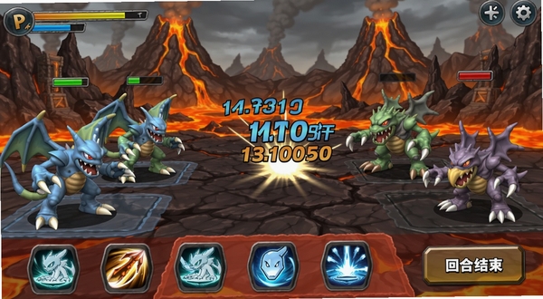 Batomon Showdown �ֻ���ս�������ͼ��չʾ����������������༺�����������з��������Ҳ࣬��Ļ�ײ��м��ܰ�ť�ͻغϽ�����ť�������������˺����ֵ���Ч��������Ϊ��ɽ�ھ�������������沼���������ʺ���Ϊ��Ϸ����ָ����ͼ