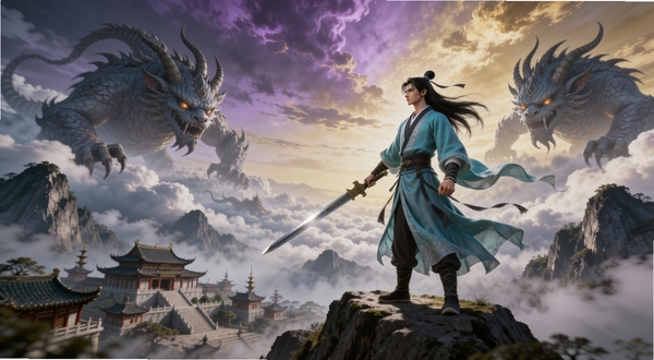 一幅宏大的洪荒修仙场景,画面中央一位身穿青衫的剑修手持长剑傲立于群山之巅,背景是混沌初开的天地,远处有巨大的洪荒异兽虚影盘踞云海之间,天空呈现紫金色霞光,山脚下有古朴的修仙宗门建筑群,整体风格为国风写实CG插画,画面比例16:9,细节丰富,光影层次分明