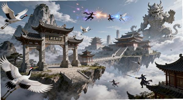 洪荒傲剑宗门场景概念图,画面展示一座悬浮在云海之上的仙家宗门,有宏伟的山门牌坊、层层叠叠的宫殿楼阁、飞舞的仙鹤和御剑飞行的修士,远处有巨大的守护神兽石像,天空中有两道身影正在斗法切磋,法术光芒四射,整体风格为国风仙侠CG大场景,气势磅礴