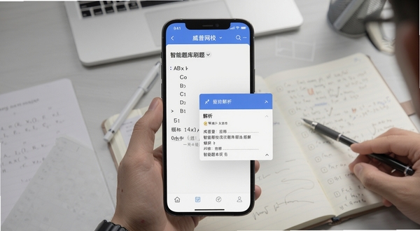 威普网校 智能题库刷题界面,手机屏幕中央显示一道选择题与解析弹窗,背景区域为淡灰色学习桌与笔记本书写场景,画面细节清晰,体现专注做题氛围