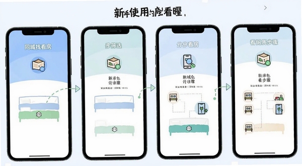 同城找房看房 新手使用步骤示意图 手机界面分步展示登录筛选看房流程 简洁图标风格 浅色背景