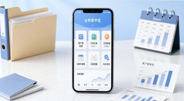 业务掌中宝 手机应用主界面展示,画面中央为软件首页仪表盘,包含客户管理、订单记录、日程提醒等模块图标,背景为浅蓝色渐变商务风格,四周环绕简约办公元素如文件夹、日历、图表,整体色调清爽专业,适配Boogu模型生成