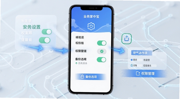 业务掌中宝 安装设置与权限管理界面示意图,画面展示手机屏幕上的权限开关和备份选项,背景为浅色科技风格,突出操作指引