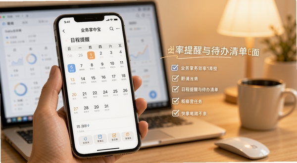 业务掌中宝 日程提醒与待办清单界面,画面中有手机日历视图和勾选任务列表,背景为柔和暖色调,突出效率办公氛围