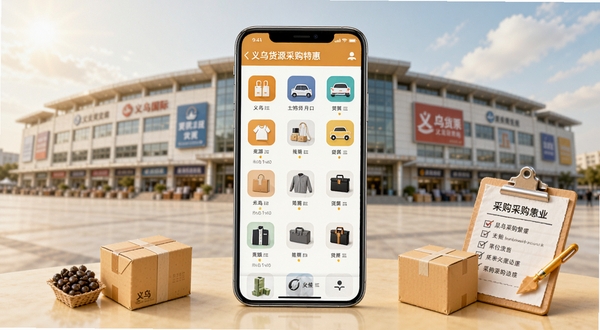 义乌货源采购特惠应用主界面展示,画面中央是一部智能手机,屏幕内呈现整齐的商品分类图标与货源列表,背景区域为义乌国际商贸城全景虚化照片,手机两侧点缀小型商品包裹与采购清单元素,整体色调明亮温暖,突出便捷采购与商贸繁荣的氛围