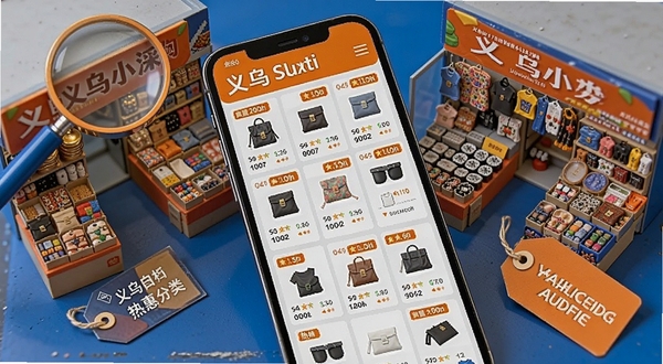 义乌货源采购特惠货源分类页面展示,画面以俯视角度呈现手机屏幕,屏幕内显示清晰的商品分类网格与热销标签,背景为义乌小商品市场摊位陈列的微缩模型,点缀放大镜与商品标签元素,色调以橙蓝对比为主,突出分类检索的便捷性与商品丰富度