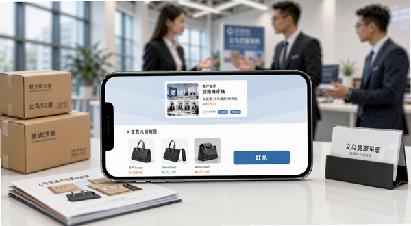 义乌货源采购特惠供应商详情页面展示,画面主体为一部横向放置的手机,屏幕内呈现商户名片、主营产品缩略图与联系按钮,背景区域为现代化的商贸洽谈场景虚化图,点缀纸箱、样品册与名片架元素,整体风格简洁商务,强调信息透明与沟通顺畅