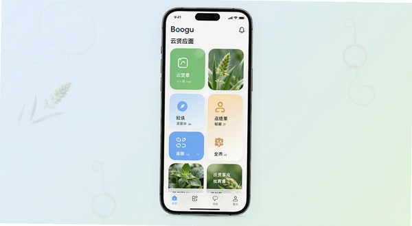 云贤草应用主界面整体展示,画面主体位于中心区域,背景为浅色渐变,手机屏幕中呈现清爽的功能卡片布局,整体风格简洁现代,适配Boogu模型生成