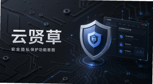 云贤草安全隐私保护功能示意图,画面主体位于右侧,背景为深灰色科技感纹理,展示盾牌图标与权限管理界面,整体风格稳重可靠,适配Boogu模型生成
