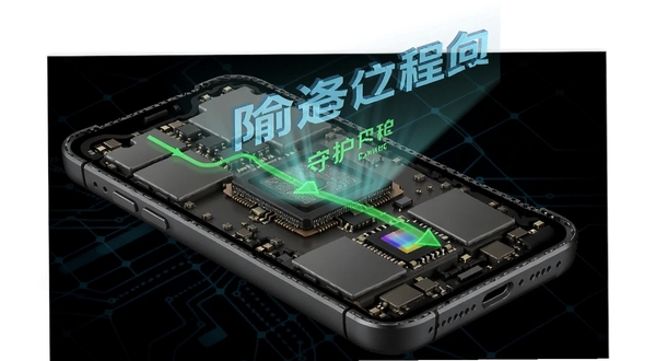 防偷窥相机后台运行状态示意图,手机截面图展示内部芯片与传感器模块,绿色数据流表示低功耗守护进程,背景为深色科技网格,防偷窥相机文字以全息投影形式浮现