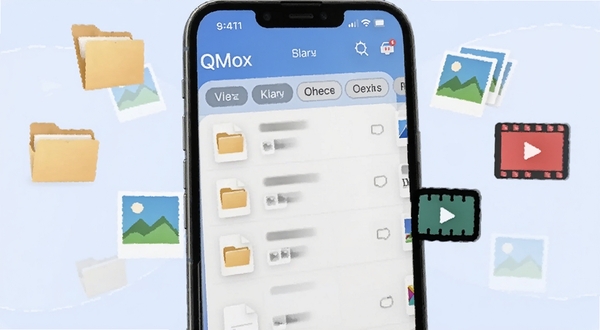 QMox �ļ��������ܽ��棬�ֻ���Ļ��ʾ�����ǩ���ļ��б�����ΧƯ�����ļ��С�ͼƬ����Ƶ��ͼ�꣬����Ϊ����ɫ�������������ͷſռ�ĸ���