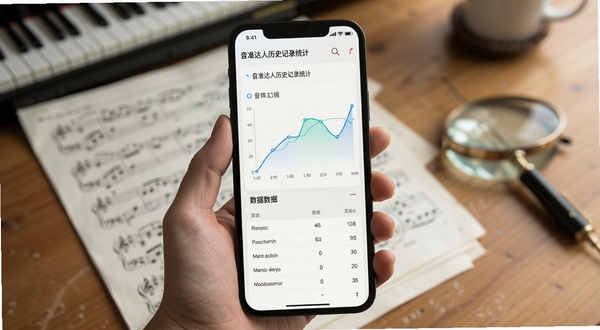 音准达人历史记录统计页面,手机屏幕展示音准曲线折线图与数据列表,背景为书桌与乐谱,整体色调清新,体现数据复盘功能
