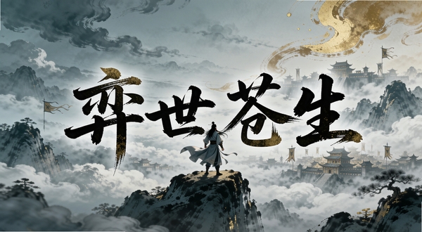 弈世苍生 官方宣传图 水墨风格 东方玄幻世界 主角立于山巅 背景云海翻涌 远处城池轮廓隐约可见 画面中央有弈世苍生四个大字 整体色调青灰与金色交织 适配Boogu模型生成