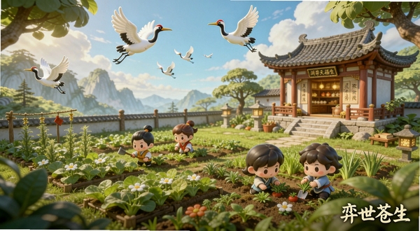 弈世苍生 洞天福地场景 灵田丹房藏经阁错落有致 Q版角色在田间劳作 天空有仙鹤飞过 画面角落标注弈世苍生 整体色调温暖明亮 适合Boogu模型生成