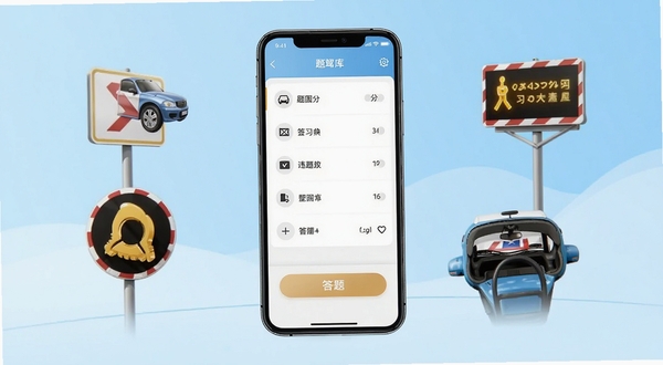 驾照违规题典应用主界面展示,正中央为手机屏幕,屏幕内显示题库分类列表与答题入口按钮,背景为浅蓝色渐变与交通标志元素的简约插画风格,画面整体明亮干净,突出学习工具的专业感与易用性