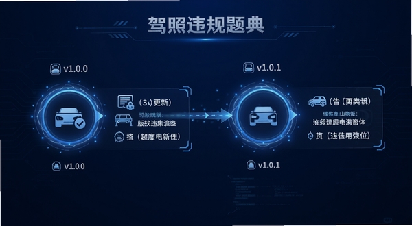 驾照违规题典版本更新历程时间轴示意图,从左到右依次排列v1.0.0与v1.0.1两个节点,每个节点旁标注核心更新内容图标,背景为深蓝色渐变,画面具有科技感与条理性