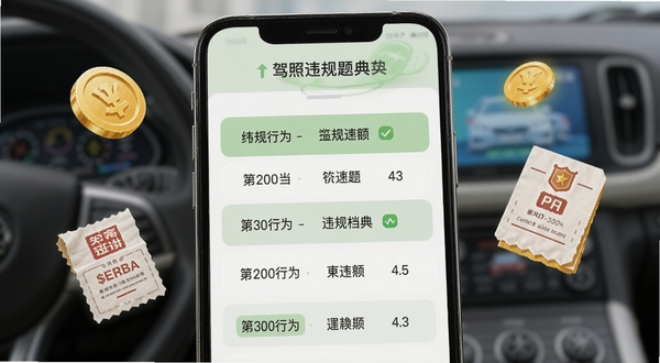 驾照违规题典罚款金额速查界面,手机屏幕中显示不同罚款档位与对应违规行为的对照列表,界面配色以白色和浅绿色为主,旁边点缀金币与罚单图标,整体风格清新直观,突出速查工具的高效便捷