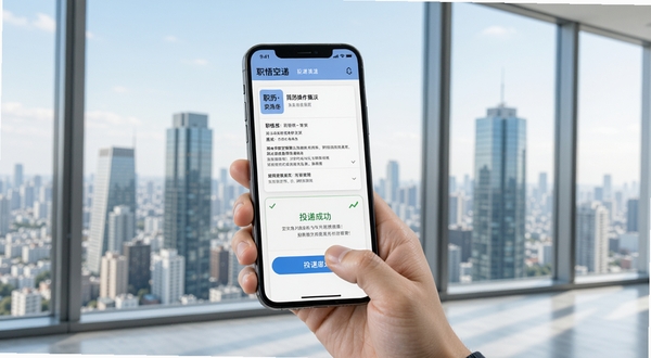 职悟空简历投递操作演示,画面中一只手拿着手机,拇指点击投递按钮,手机屏幕显示简历预览和投递成功提示,背景是城市写字楼窗外景色,明亮清晰