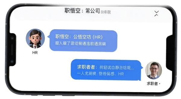 职悟空聊天沟通界面,手机屏幕显示对话气泡,左侧是HR头像,右侧是求职者回复,顶部有公司名称和职位标签,背景简洁白色,突出沟通便捷性
