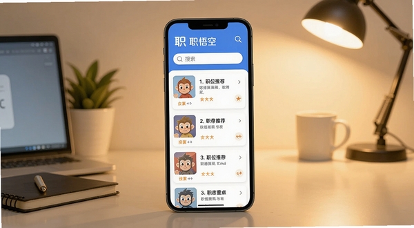 职悟空应用主界面展示,画面中央是手机屏幕,屏幕内显示职位推荐列表和搜索框,背景是简洁的办公桌场景,暖色调光线,扁平化设计风格,突出职悟空品牌标识