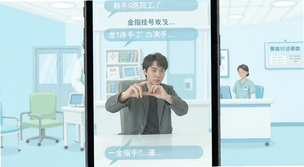 金指手语场景对话模拟界面,画面展示手机屏幕中医院挂号场景的手语对话演示,背景为简洁的医疗环境插画风格,配色以浅蓝和白色为主,适配Boogu模型生成