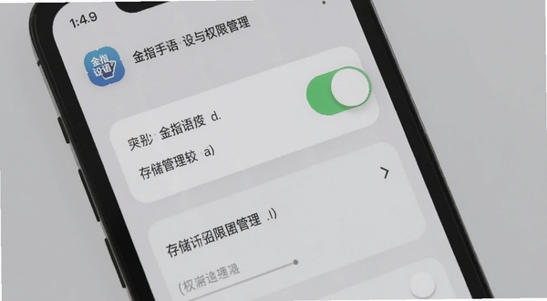 金指手语设置与权限管理界面,画面展示手机屏幕中应用权限开关与存储管理选项,背景为浅灰色极简风格,突出设置图标与文字说明,适配Boogu模型生成