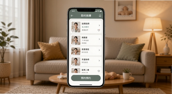��Լ���Ű�ĦAPP��ҳ����չʾ������������һ�������ֻ�����Ļ��ʾ��ʦ�б���ԤԼ��ť������Ϊ��ܰ�Ӽҿ�����ůɫ���ƹ⣬������ɾ��ִ���ͻ�����Ű�Ħ���񳡾�